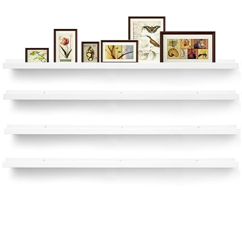 Picture Shelves for Wall,Long Floating Ledge Set of 4,Narrow Large Wood Rustic Photo Frames Vinyl Record Storage Display Nursery Kids Bookshelf Decor for Living Room Bedroom Kitchen,47'',White - color: White, size: 47 Inch