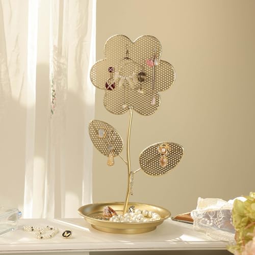 NIKKY HOME Floral Shape Earring Holder Hanging Organizer Stand Metal Jewelry Tree Table Top Ear Stud Holder Tower Rack with Ring Tray for Girls, Gold