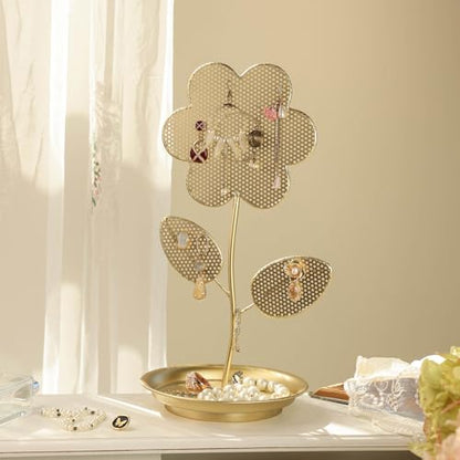 NIKKY HOME Floral Shape Earring Holder Hanging Organizer Stand Metal Jewelry Tree Table Top Ear Stud Holder Tower Rack with Ring Tray for Girls, Gold