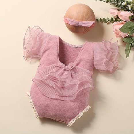 Newborn Photography Outfits Girl Baby Photo Tutu Dress Newborn Photoshoot Romper Baby Picture Lace Outfit - color: Red2