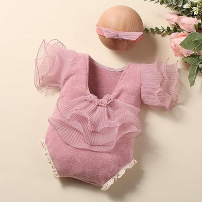 Newborn Photography Outfits Girl Baby Photo Tutu Dress Newborn Photoshoot Romper Baby Picture Lace Outfit - color: Red2