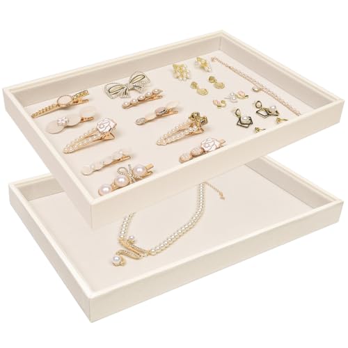 Beige Velvet Jewelry Tray for Drawers Black Jewelrys Display Tray Stackable Jewelry Organizer Trays for Necklace Bracelet Ring Watch (2 Pack) - color: Beige
