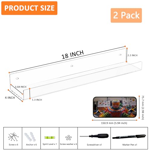 18'' Clear Acrylic Bookshelf 2 Pack, Acrylic Floating Book Shelves, Wall Mounting Invisible Ledge Book Shelf - color: Clear, size: 18 Inch