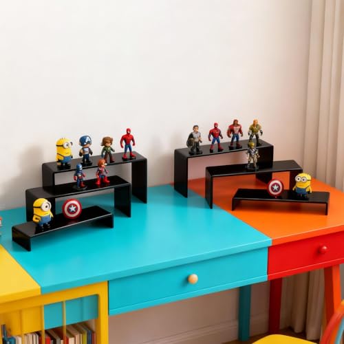 6 PCs Risers Display Stands 3 Tiers Desktop Acrylic Shelves Cake Dessert Holder Products Stand for Collectibles Shoes Jewels Pop Figure （Black） - color: Black 6 PCs
