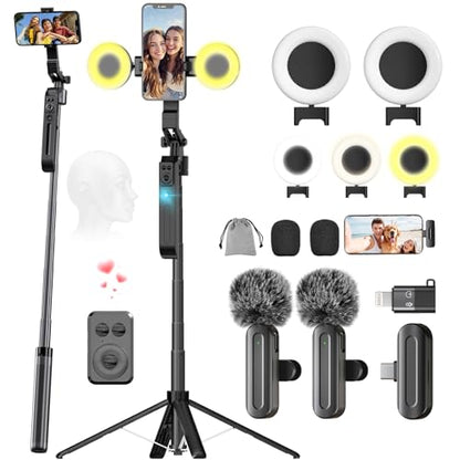 Phone Tripod with Light, 2 Pack Lavalier Mic, 71" Extendable Auto Face Tracking 360° Rotation, 1/4" Camera Mount & Remote, No App Needed, Vlogging Kit for iPhone Android YouTube TikTok Live Streaming