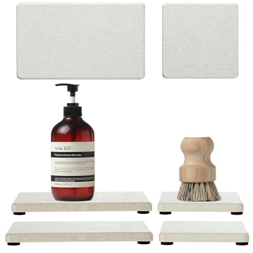 Razborci 4PCS Bathroom Sink Vanity Trays, Diatomaceous Earth Quick Stone Drying Mat Kitchen Counter Dish Soap Dispenser Sponge Holder, Water Absorbing Caddy Organizer for Bottle & Cup, Beige - color: 4 Pack - Beige, size: 9" X 3.5"