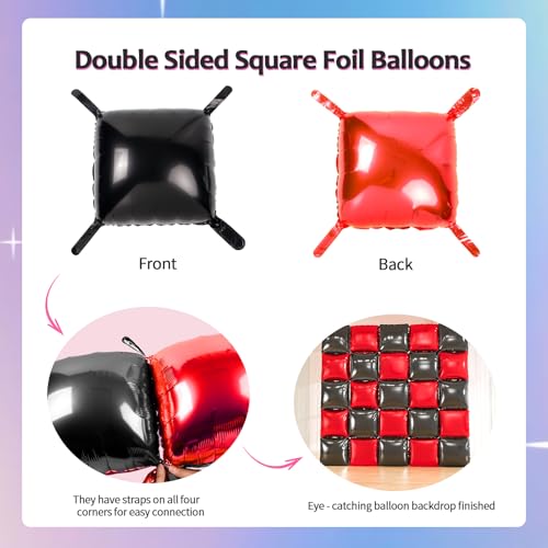 25pcs Black and Red Foil Square Balloon Backdrop Wall with 146pcs Black Red White Balloons Arch, Double Sided Balloon Tunnel with 3 Star Balloons for Racing Car Birthday New Year Party Decor - color: Black and Red