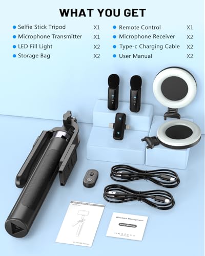 Vlogging Kit for iPhone/Android, 71" Selfie Stick Tripod for iPhone with Fill Light, Wireless Mic & Remote, Adjustable Aluminum Phone Tripod for TikTok/YouTube Content Creator Essentials Starter Kit‌