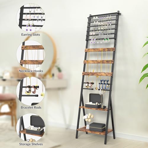 Jewelry Stand Floor Standing Jewelry Holder Organizer Jewelry Organizer Stand with Necklace Holder Earring Organizer Freestanding Jewelry Armoire for Watches, Rings, Bangle - color: Brown
