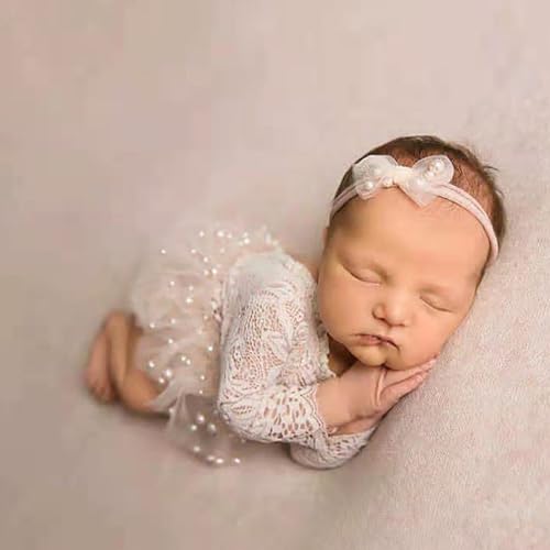 Newborn Lace Romper, 2 PCS Baby Girl Photography Props, Newborn Girl Photography Outfits with Flower Headband for Infants - color: White Long Sleeve