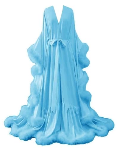Feather Silk Satin Bridal Robe Long Wedding Scarf Illusion Bathrobe Sleepwear for Women Sexy Lingerie Nightgown - color: Blue, size: Large-X-Large