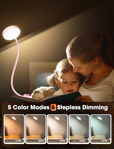 LiFMIRA Desk Lamp Clip on Light 8W 66 LED Reading Light for Bed, 5 Colors 10 Dimming Levels, Eye Caring Metal Reading Lamp, Clip lamp for Bed Headboard Home Office (Pink) - color: Pink