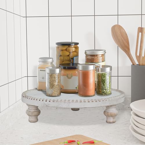 MAONAME Farmhouse Wood Riser for Display, Decorative Pedestal Stand for Kitchen Counter, Rustic Round Beaded Wooden Display Tray for Home Decor, Short and Tall Footed, 11.87 Inch