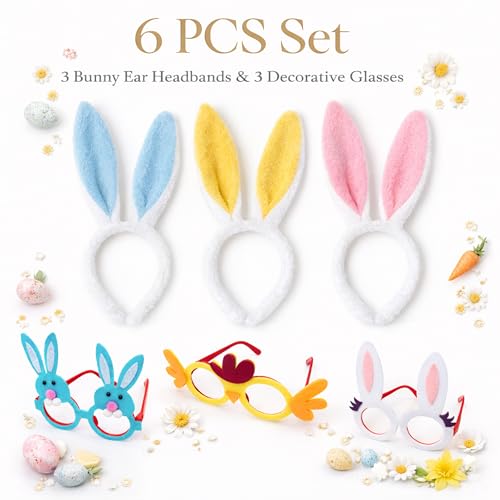 Easter Headbands and Glasses Set, 6PCS Bunny Ear Headbands & Funny Easter Glasses, Cute Photo Props for Easter - color: B