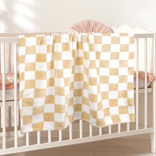 GreatBba Plush Checkered Baby Blanket for Boys Girls Nursery, 30"*40" Warm Short Fleece Blanket Neutral for Infant Newborn, Small Fuzzy for Sleeping, Chenille or Stroller (Sand Yellow&White) - color: Sand Yellow&white