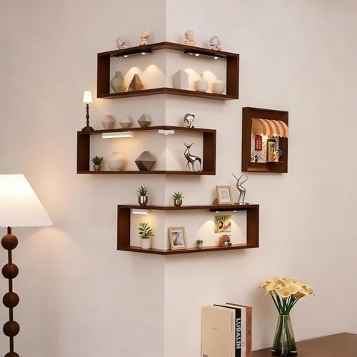 Smart Corner Shelves that Light up Your Space, Set of 3 Corner Floating Storage Shelves,Wooden Wall-Mounted Corner Shelf Display Rack, Space-Saving (Set of 3(Includes LED Lights*6)) - size: Set of 3(includes Led Lights*6)