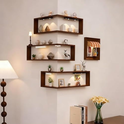 Smart Corner Shelves that Light up Your Space, Set of 3 Corner Floating Storage Shelves,Wooden Wall-Mounted Corner Shelf Display Rack, Space-Saving (Set of 3(Includes LED Lights*6)) - size: Set of 3(includes Led Lights*6)