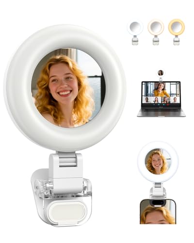 TELESIN Clip-on Selfie Ring Light, Rechargeable Portable 360° LED Selfie Fill Light with Mirror for Phone/iPhone Photography, Computer Laptop Video Conference, TikTok, Zoom Calls, Girl Makeup