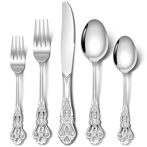 Stapava 40 Pcs Gorgeous Retro Royal Silverware Set, Stainless Steel Cutlery Flatware Set for 8, Include Forks Spoons and Knives set, Dishwasher Safe Utensils Set, Mirror Polished - style: Retro Royal Silver
