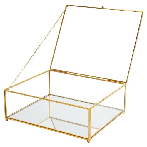 REDHUGO Large Glass Boxes for Display Handmade, Mirrored Bottom, Glass Jewelry Trinket Box with Lid, for Book Photo Keepsake Organizer Display Case for Vanity Decor Home, 10.4"L x 8.5"W x 3.7"H, Gold - color: Gold, size: High: 10.4"L × 8.5"W × 3.7"H