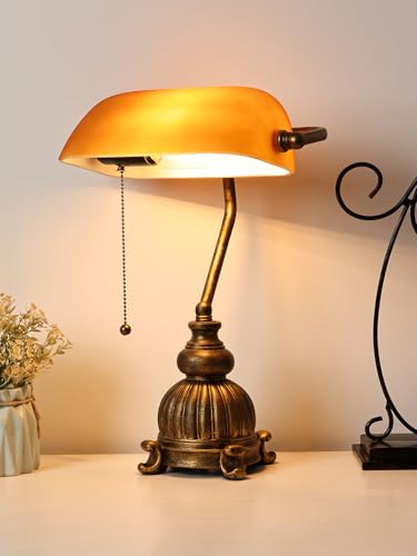 Retro Amber Glass Bankers Desk Lamp with Pull Chain Switch for Home Office, Library, Plug in Fixture, LED Bulb Included - color: Antique+Amber1