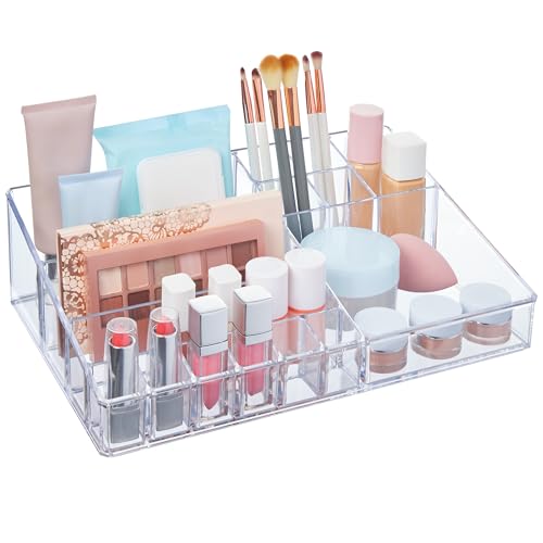 STORi Audrey Clear Vanity Makeup Organizer | 15-Compartment Holder for Brushes, Eyeshadow Palettes, & Beauty Supplies | Stacks on Audrey Storage Drawers | Made in USA - style: Cosmetic Organizer Topper