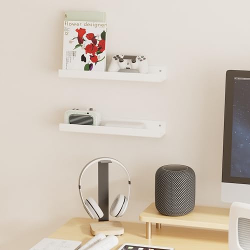 18 Inches White Acrylic Wall Display Shelf 2 Pack, Wall Shelves Organizer for Books, Bottles, Small Plants, Picture Frames, Spice, Wine, Décor, Figures - color: White, size: 18 Inch
