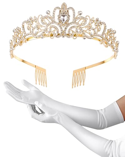 Princess Tiara Crown with Satin Gloves Set Crystal Headpiece for Graduation Prom and Party Photo Props - color: Gold, style: A