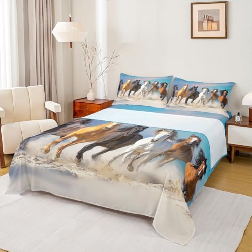 Erosebridal Horse Sheet Set Six Running Wild Horses Bed Sheet for Kids Teens Adult, Farm Animal Bed Sheet Set 3Pcs Western Cowboy Fitted Sheet, Farmhouse Flat Sheet, Rustic Decor 1 Pillow Case, Twin - color: Color 5, size: Twin
