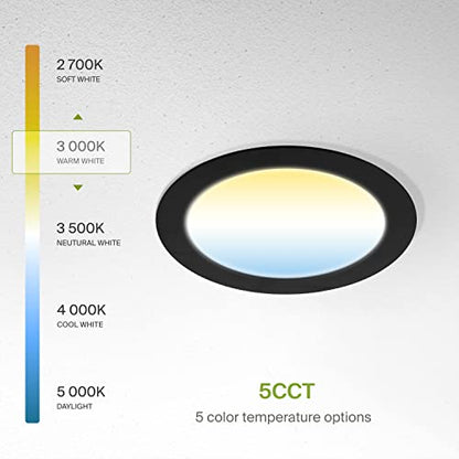 ASD 6 Pack LED Recessed Lighting 6 Inch 15W, 5 CCT 2700K-5000K CRI90+, IC Rated Ultra Thin Dimmable Ceiling Lights with J Box, Canless Wafer Downlight, Round Slim Panel Light, UL Energy Star, Black - color: Black, size: 6 Inch 6 Pack