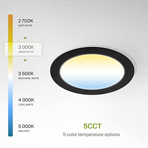 ASD 12 Pack LED Recessed Lighting 6 Inch 15W, 5 CCT 2700K-5000K CRI90+, IC Rated Ultra Thin Dimmable Ceiling Lights with J Box, Canless Wafer Downlight, Round Slim Panel Light, UL Energy Star, Black - color: Black, size: 6 Inch 15 Watt 12 Pack