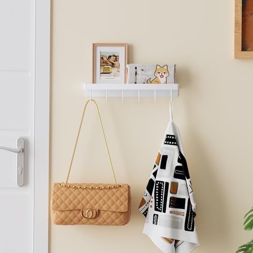 niffgaff White Key Holder Wall Mount, Stainless Steel Self Adhesive Hooks Rack with Shelf, No Drill Key Hanger for Door and Wall - color: White