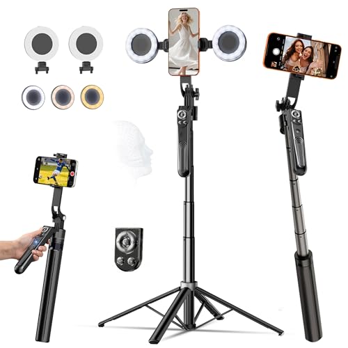 Tripod for iPhone with Light Vlogging Camera, Auto Face Tracking Tripod 360 Rotation with Remote, No App, Portable Travel Phone Holder for Video Recording Live Streaming, Content Creator Essentials - size: Tripod with 2 Ring Lights