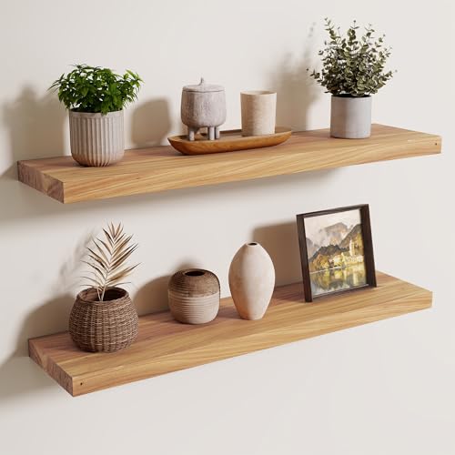 Axeman Floating Shelves for Wall - 32''W x 8'' D Rustic Solid Elm Wood Shelves for Storage, Wall Mounted Display Shelving with Invisible Heavy-Duty Metal Bracket (Natural, 2PCs) - color: Natural Elm With Flat Edge, size: 32 inches - 2P