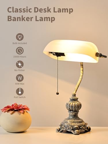 Retro White Matted Glass Bankers Desk Lamp for Home Office,Library with Pull Chain Switch Plug in Fixture, LED Bulb Included - color: Antique+White