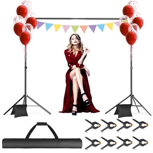 Backdrop Stand, 10x7ft(WxH) Photo Background Stand Adjustable Support Kit with 2 Crossbars, 8 Backdrop Clamps, 2 Sandbags and Carrying Bag for Parties Photography Wedding Decoration - size: 7×10ft