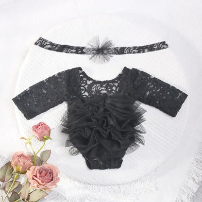 Newborn Photography Outfits Girl Baby Photography Props Lace Romper with Headress Newborn Outfits Girls Photo Props - color: Black