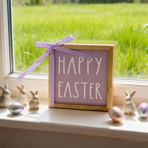 Happy Easter Wood Plaque 6x6 Inch - Purple Square Leaner Sign for Tiered Tray Decor - Lightweight Thin Wooden Prop with Gingham Ribbon Bow for Shelf Styling, Spring Basket Filler (No Stand)