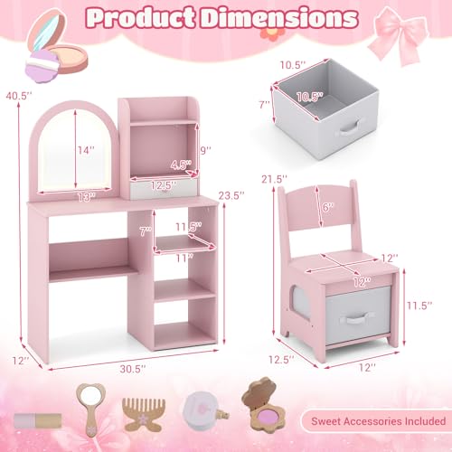 Costzon Kids Vanity with Lights, Girls Vanity Set with Mirror, Storage Drawer, Hooks & Shelves, Toddler Makeup Vanity Desk Dressing Table, Wooden Kids Vanity Table and Chair Set (Pink) - style: Pink with Open Shelves