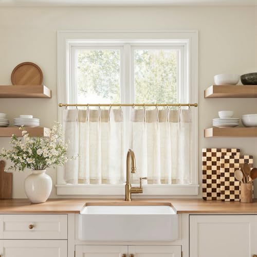 jinchan Linen Pinch Pleated Kitchen Curtains 20 Inch Natural Linen Tier Curtains Back Tab Farmhouse Cafe Style Light Filtering for Bathroom Laundry Room Small Window 2 Panels Beige - color: Pinch Pleated Beige, size: 26"W x 20"L (Pack of 2)