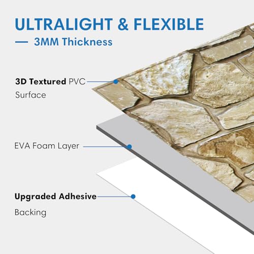COMSTICKC 3D Faux Stone Wall Panels Peel and Stick, 12 Pcs 22.8" x 11.8", DIY UrltraLight PVC Fake Stone Textured Self Adhesive Wall Panels for Kitchen, Living Room Background, Covers 22.48 sq.ft - color: Brown Stone