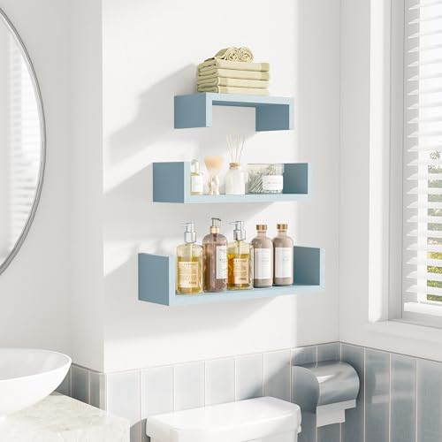 SRIWATANA Floating U Shelves Wall Mounted, Solid Wood Wall Shelves Set of 3 (Blue) - color: Blue