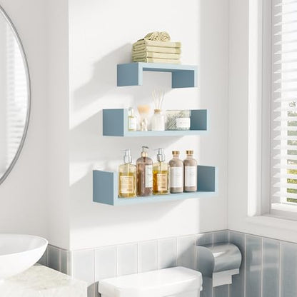 SRIWATANA Floating U Shelves Wall Mounted, Solid Wood Wall Shelves Set of 3 (Blue) - color: Blue