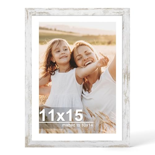 Hongkee 11x15 Picture Frame with Glass, Display Picture 10x14 with Mat or 11x15 Without Mat, 11 by 15 Photo Wooden Frames for Wall Mounting (Distressed White, 1 Pack) - color: Distressed White, size: 11X15 in