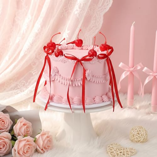Shappy Cherry Bow Cake Decoration Pink Fake Cake with Realistic Artificial Cherries Toppers and Bows Coquette Room Decor for Birthday Wedding Bridal Shower Party Supplies Dessert Display Photo Props