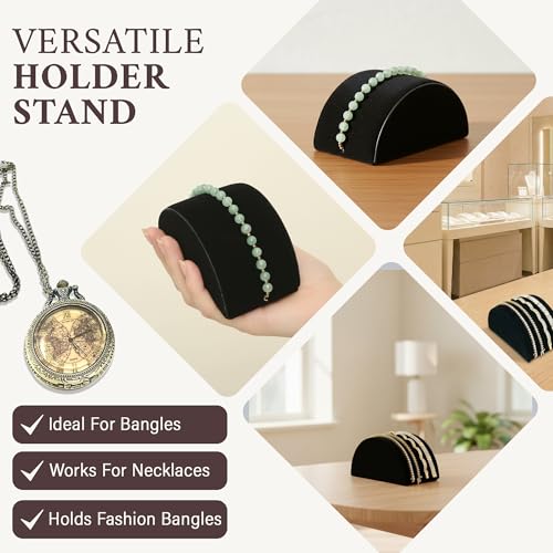 RJ Displays Black Velvet Half Moon Bracelets Holder Stand, Jewelry Display Ramp for Bracelet, Bangle, or Necklace Collection, Size 3x5x2.5 in (76x127x63 mm) and bracelet holder display