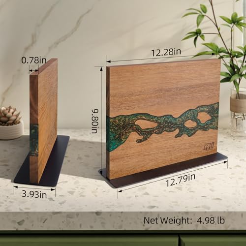 FINDKING Magnetic Knife Block, Double-Sided Knife Holder with Strong Magnets, Acacia Wood and Golden Green Resin, Countertop Kitchen Knife Storage Stand (12 × 10 Inches, Without Knives) - color: Golden Green