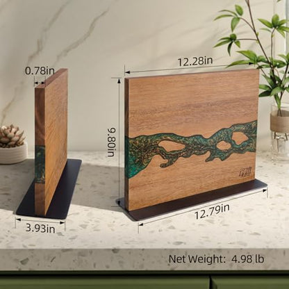 FINDKING Magnetic Knife Block, Double-Sided Knife Holder with Strong Magnets, Acacia Wood and Golden Green Resin, Countertop Kitchen Knife Storage Stand (12 × 10 Inches, Without Knives) - color: Golden Green