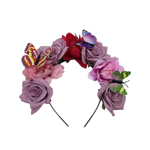 Elegant Butterfly Flower Headband for Women Boho Handmade Rose Floral Crown Wedding Bridal Festivals Cosplay Prom Photo Props Headpiece (A3 purple, Adjustable) - color: A3 purple