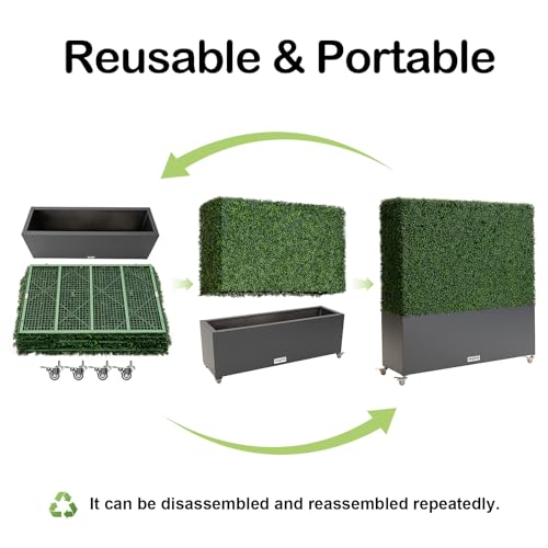 Artificial Boxwood Hedge Wall with Dark Grey Planter Box and Wheels, Greenery Fake Faux Grass Panels Backdrop Divider 48" WX50 HX14 D - size: 48"wx50"hx14"d